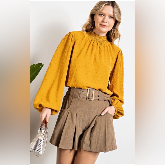 easel Tops - Easel brand tiered bubble sleeve yellow blouse with dotted stitch